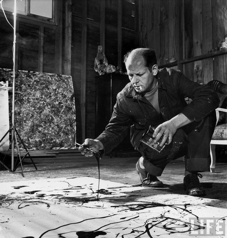 Jackson Pollock works in his Long Island studio, 1949. Photograph by Martha Holmes for Life © Martha Holmes – Time & Life Pictures/Getty Images